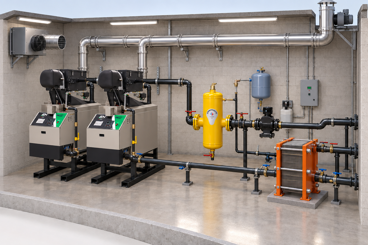 Illustrative cutaway of a commercial hydronic room with boilers, hydronic accessories, heat exchanger, venting and controls.