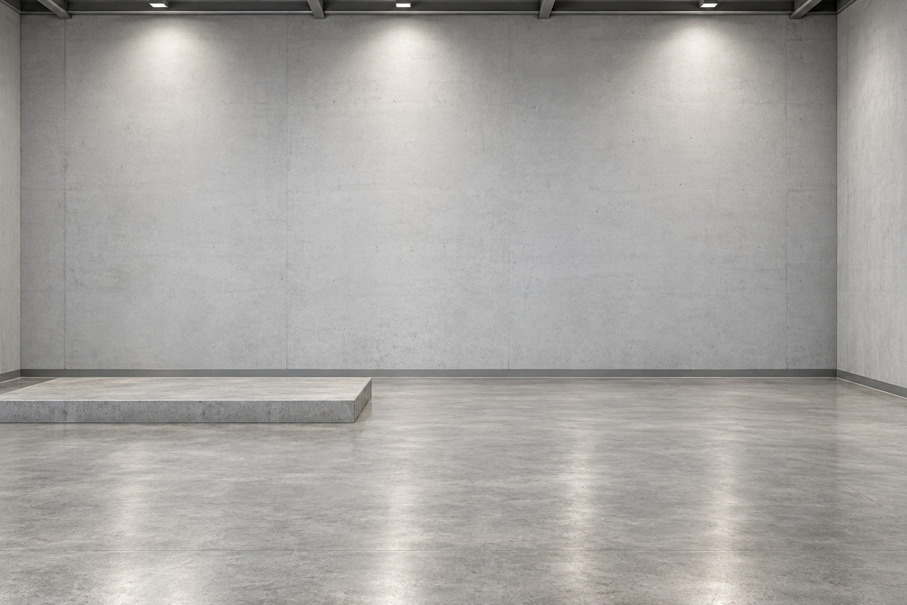 Empty commercial mechanical room with a concrete boiler pad